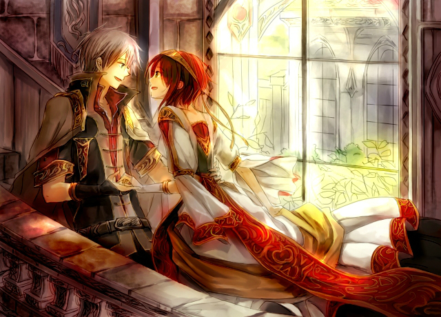 1boy, 1girl, akagami_no_shirayukihime, bridal_gauntlets, couple, dress, eye_contact, hand_holding