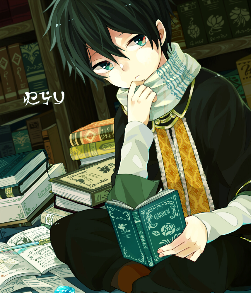 1boy, akagami_no_shirayukihime, black_hair, blue_eyes, book, bookshelf, child, cowl_neck_scarf