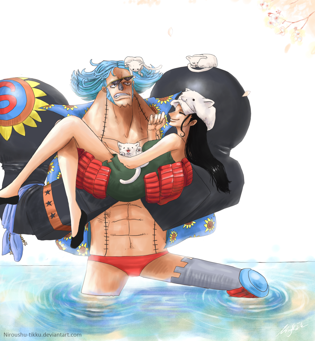 1boy, 1girl, animal_ears, animal_hat, car_ears, carrying, cat, cyborg, franky, hat, nico_robin, niroushu-tikku, one_piece, water