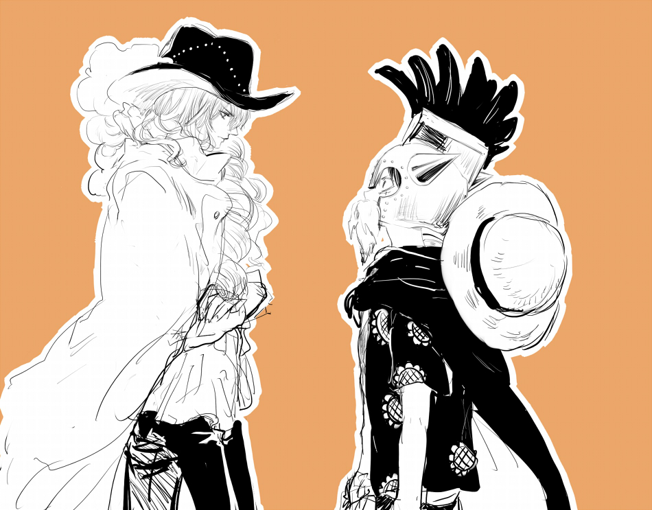 2boys, beard, cape, cavendish, color_background, crossed_arms, disguise, dressrosa