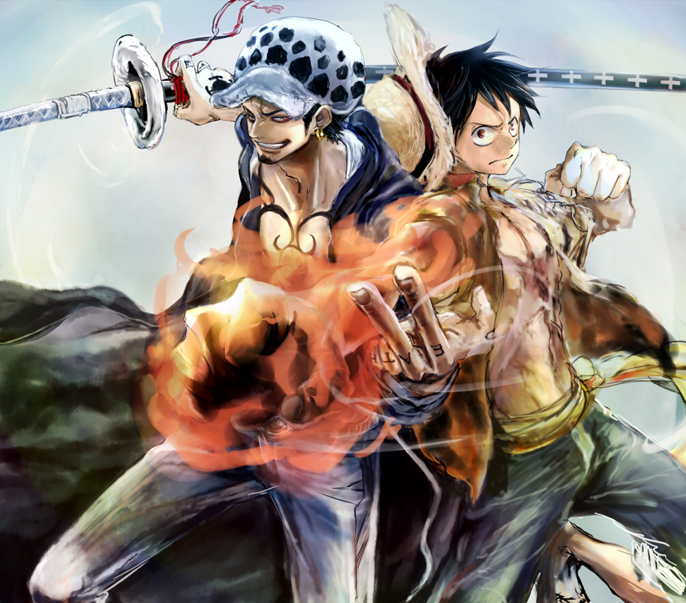 2boys, black_hair, clenched_hand, fighting_stance, hat, monkey_d_luffy, multiple_boys, nodachi