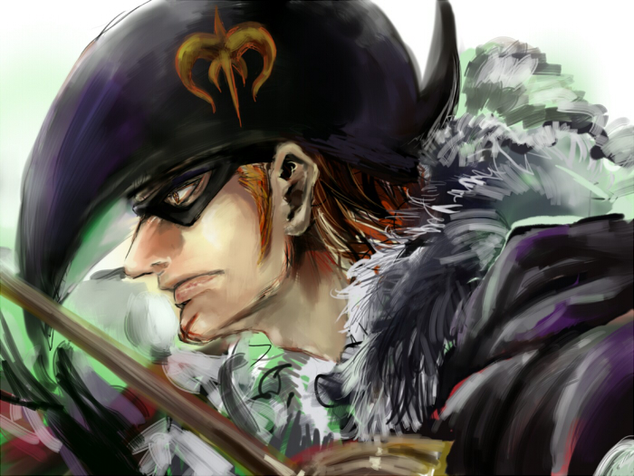 1boy, domino_mask, hat, male_focus, mask, one_piece, pirate, profile