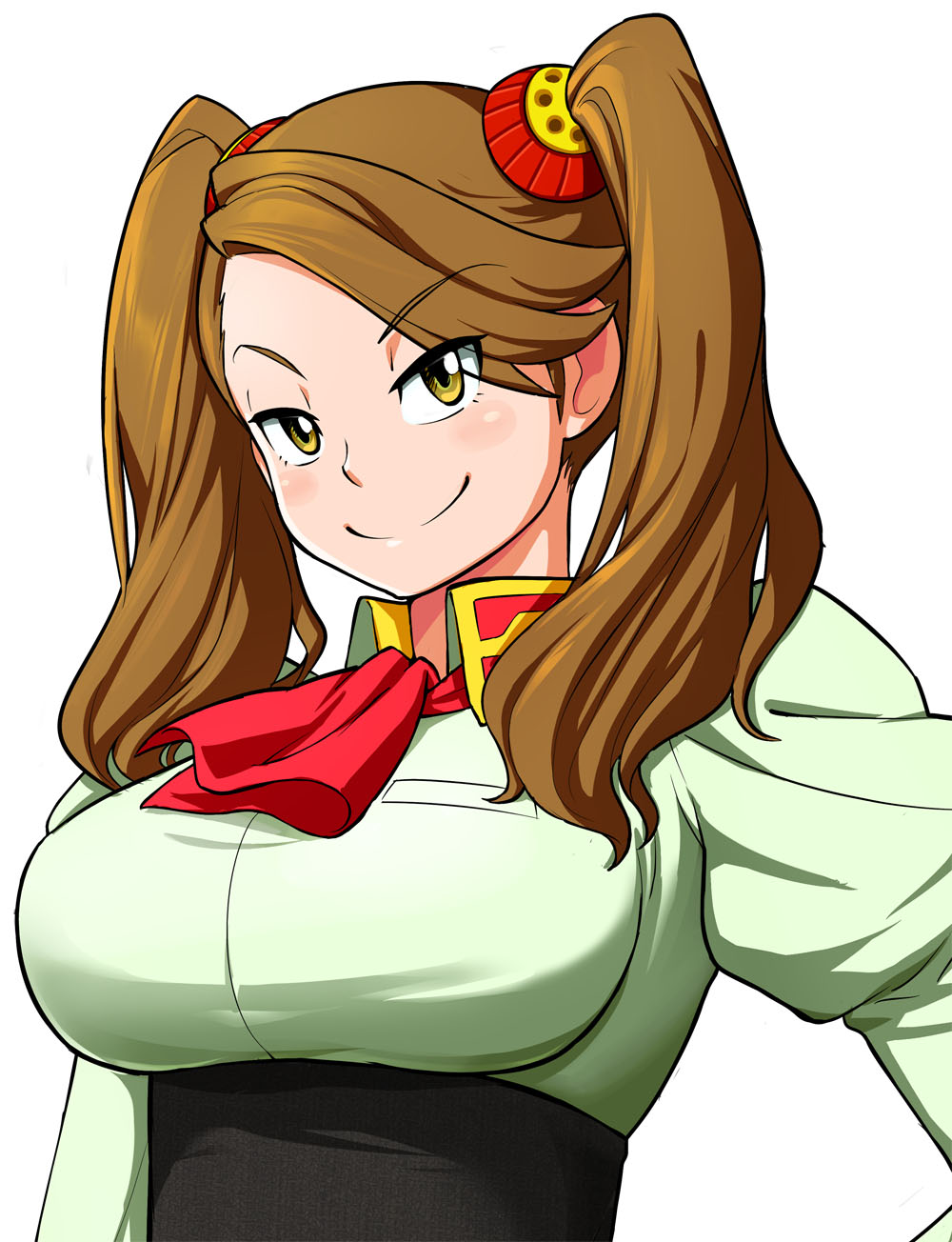 1girl, breasts, brown_hair, female, gundam, gundam_build_fighters, gundam_build_fighters_try, hair_ornament, highres, kurobuta, large_breasts, long_hair, long_twintails, sazaki_kaoruko, school_uniform, simple_background, smile, solo, standing, twintails, uniform, upper_body, white_background, yellow_eyes