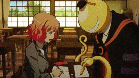 1girl, animated, animated_gif, ansatsu_kyoushitsu, grin, knife, koro-sensei, kurahashi_hinano