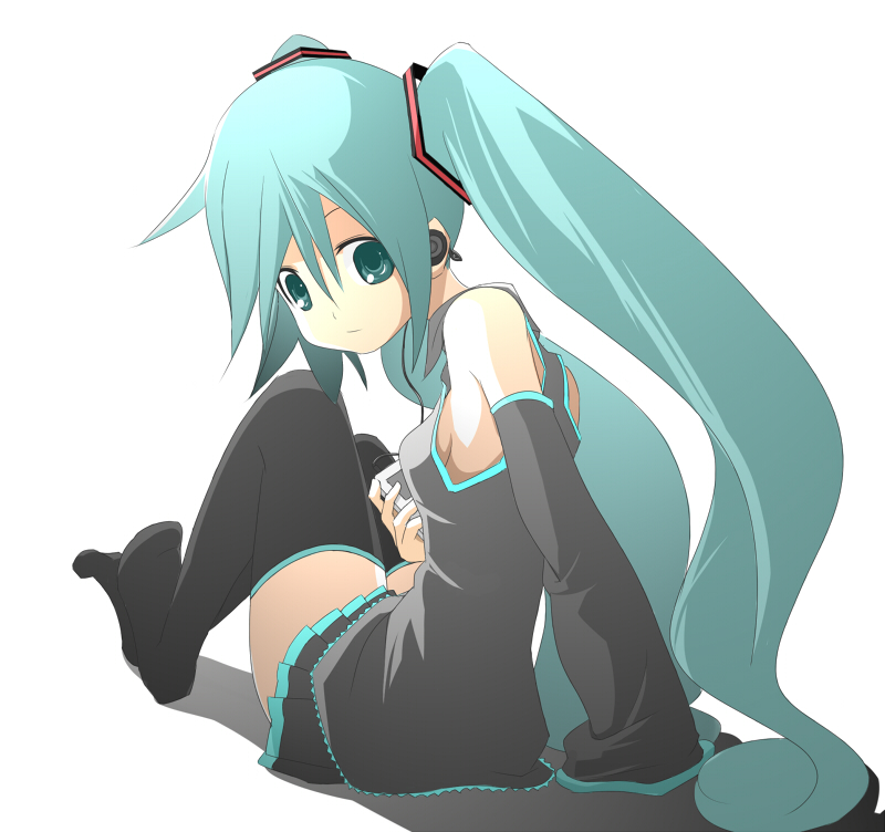 blush, breasts, digital_media_player, earphones, hatsune_miku, ipod, long_hair, miko_machi