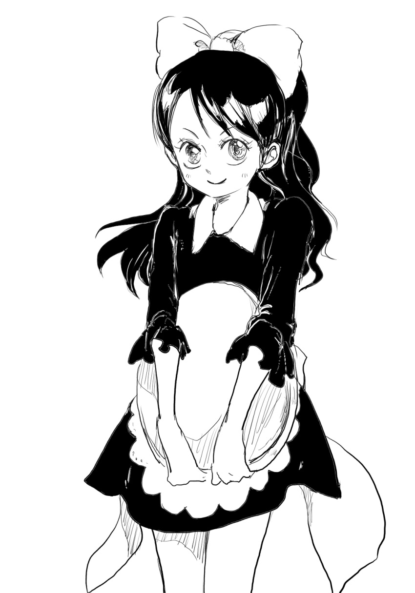 1girl, apron, baby_5, bow, monochrome, one_piece, puchiri, sketch, solo, standing, tray, younger