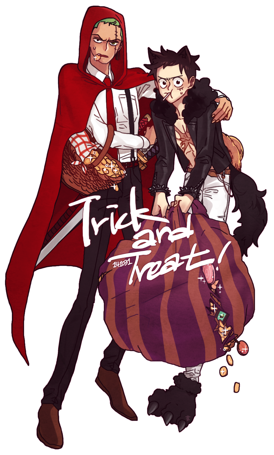 2boys, animal_ears, bag, brown_hair, candy, cape, costume, green_hair