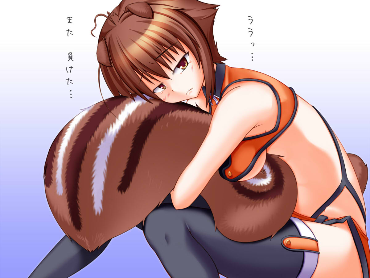 1girl, animal_ears, antenna_hair, arc_system_works, bare_shoulders, blazblue, blazblue:_continuum_shift, breasts, brown_eyes, brown_hair, fingerless_gloves, gloves, looking_at_viewer, looking_back, makoto_nanaya, short_hair, sideboob, sitting, slavedoll, squirrel_ears, squirrel_tail, tail, tail_hug, tears, thigh-highs, translation_request, under_boob