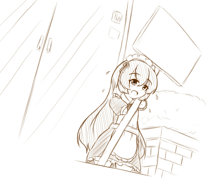 1girl, amputee, long_hair, maid, maid_headdress, mikeysukairain, monochrome, original