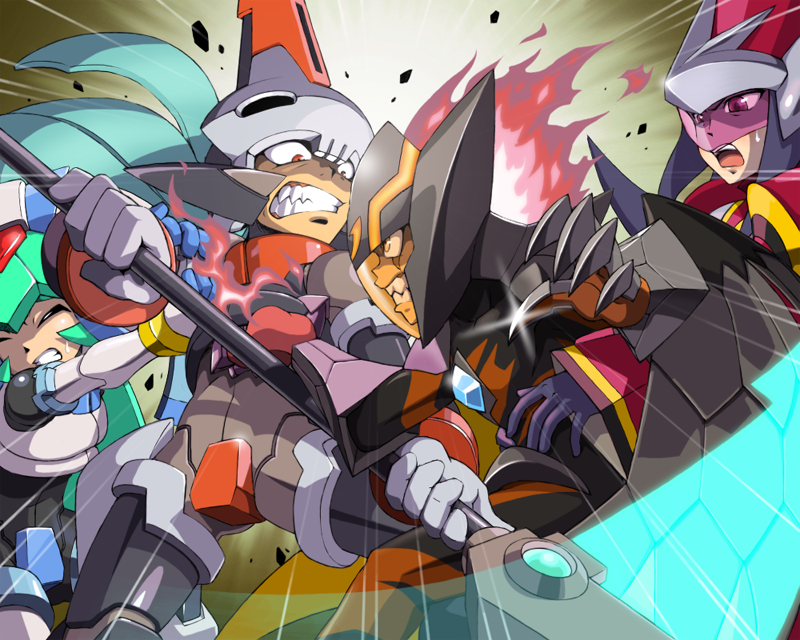 2boys, 2girls, angry, aqua_hair, armor, bared_teeth, battle, black_hair