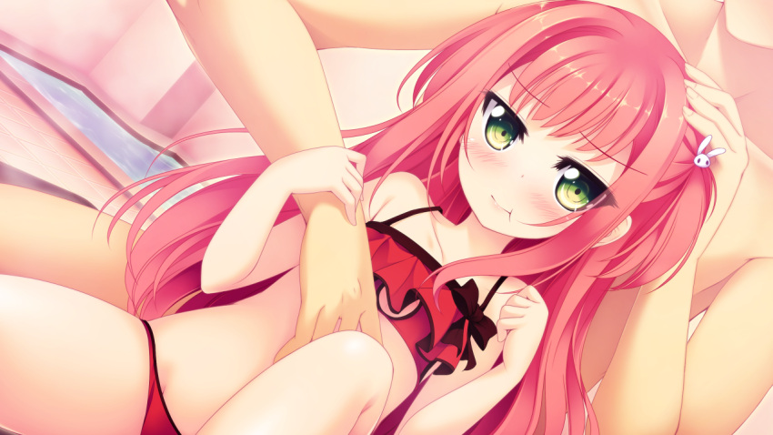 1boy, 1girl, blush, game_cg, green_eyes, habu_chika, indoors, kazakura, koi_shiyo?, long_hair, pink_hair, swimsuit, tagme