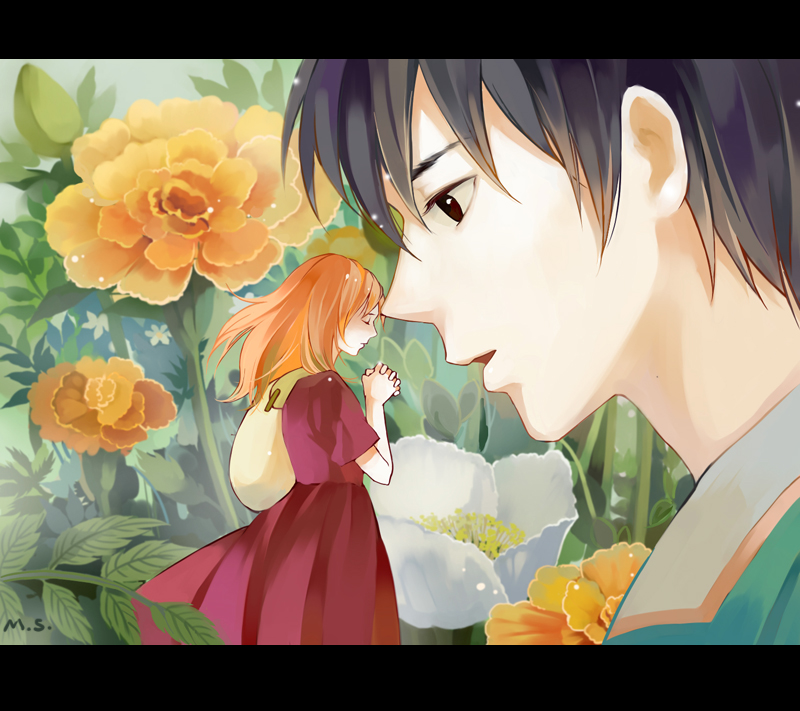 1boy, 1girl, arrietty, bag, black_hair, brown_hair, flower, karigurashi_no_arrietty