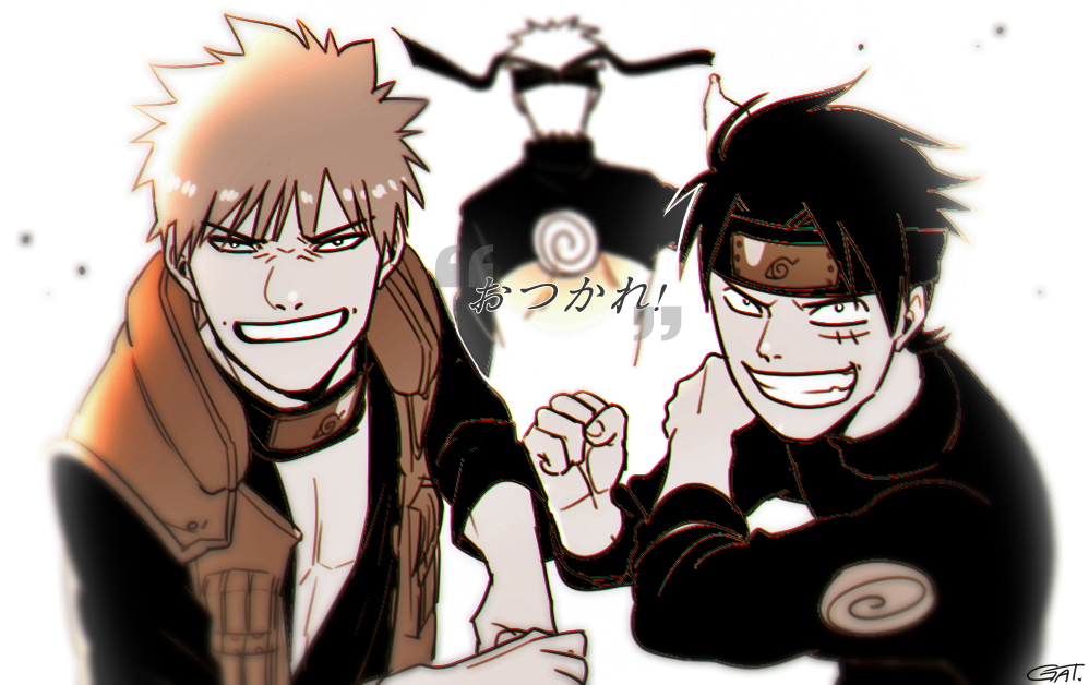 3boys, back, bleach, crossover, farewell, forehead_protector, gaetshang, kurosaki_ichigo, male_focus, monkey_d_luffy, monochrome, multiple_boys, naruto, one_piece, spiky_hair, translation_request, uzumaki_naruto