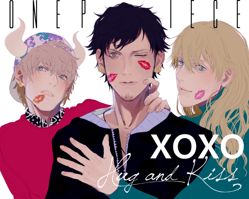 3boys, alternate_costume, baseball_cap, black_hair, blonde_hair, blue_eyes, brown_eyes, cavendish, collared_shirt, copyright_name, dellinger, earrings, hat, horns, jacket, jewelry, limine, lipstick_mark, long_hair, male_focus, multiple_boys, necklace, one_piece, parted_lips, shirt, simple_background, sweater, trafalgar_law, trio, turtleneck, unmoving_pattern, wink, xoxo, zipper