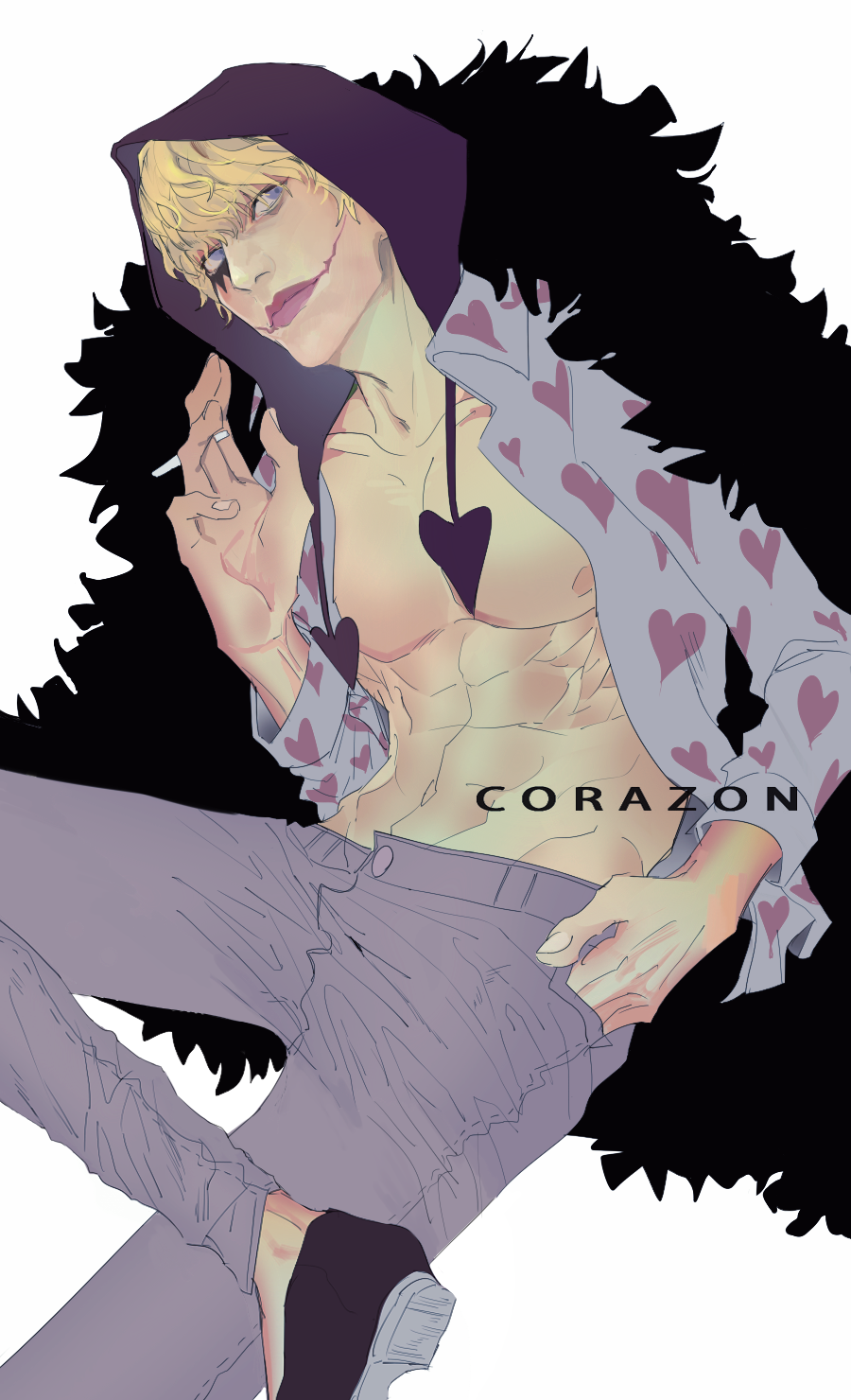 1boy, blonde_hair, character_name, cigarette, corazon, donquixote_rocinante, facial_mark, hat