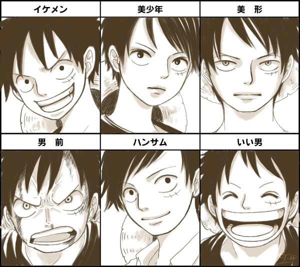 1boy, expression, frown, hat, monkey_d_luffy, monochrome, multiple_persona, noenga, one_piece, open_mouth, scar, smile, solo, straw_hat