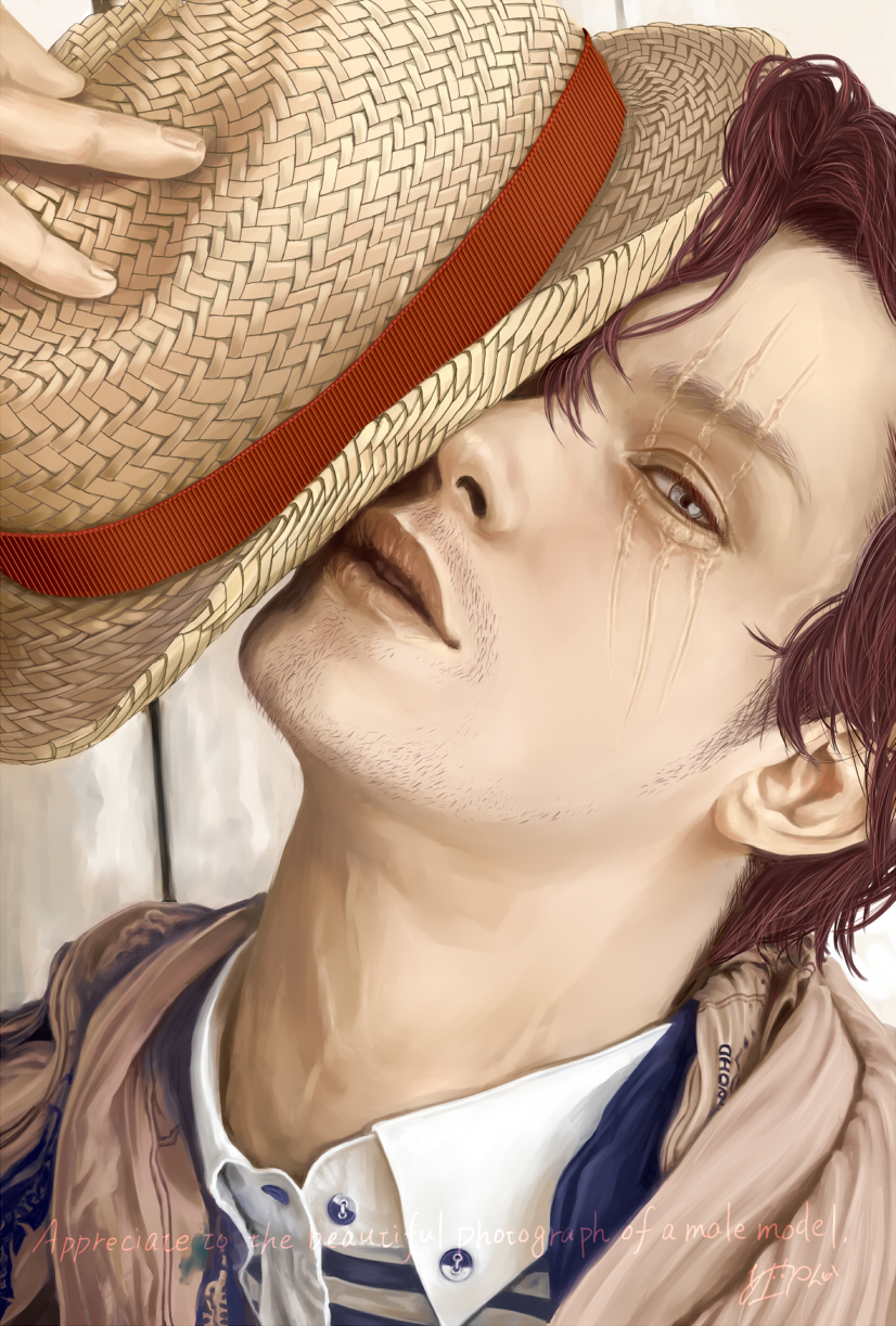 1boy, collared_shirt, fedora, hat, headwear_removed, male_focus, noenga, one_piece