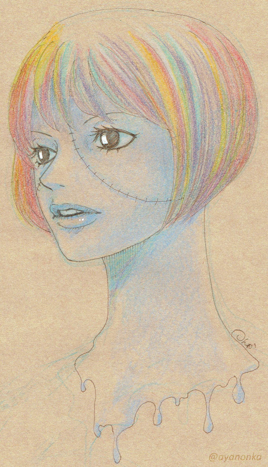 1girl, black_eyes, noenga, one_piece, parted_lips, short_hair, solo, traditional_media