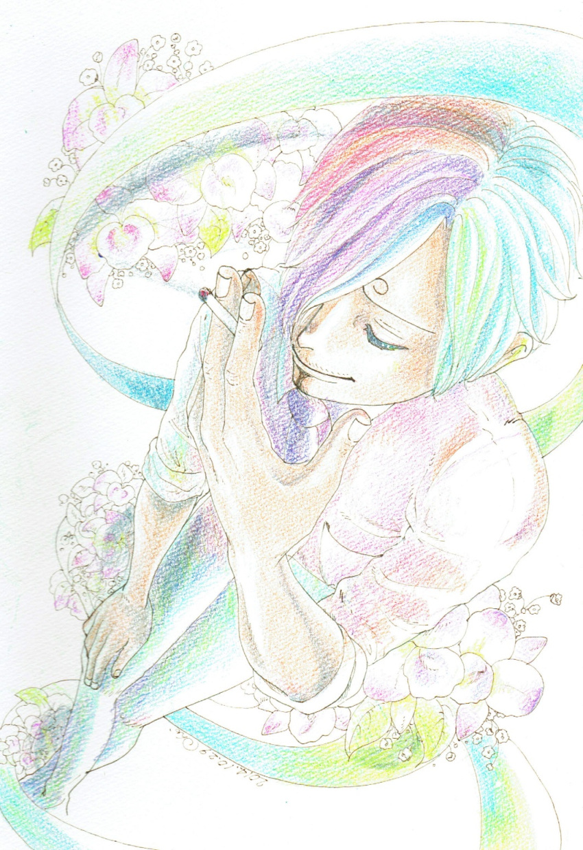 10s, 1boy, 2014, blonde_hair, cigarette, closed_eyes, dated, hair_over_one_eye