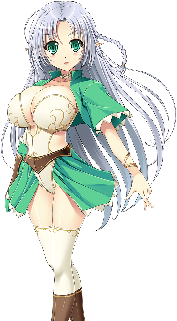 1girl, blush, boots, braid, breasts, cleavage, elf, game_cg