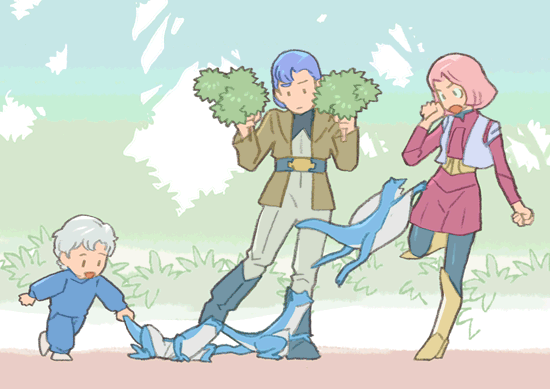 1girl, 2boys, animal, blue_hair, boots, child, densetsu_kyojin_ideon, frog