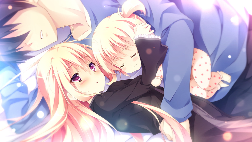 1boy, 2girls, baby, barefoot, blonde_hair, blush, carrot_lu_angora, closed_eyes