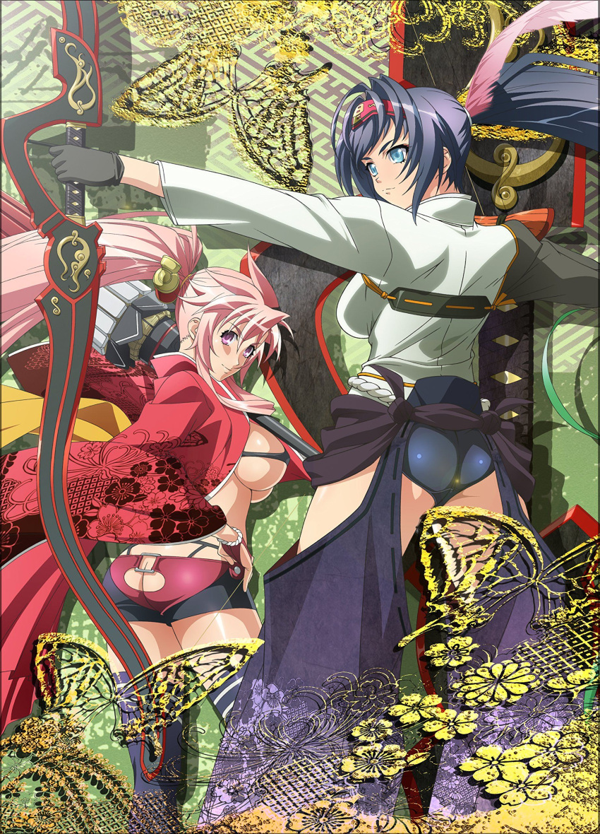 2girls, ass, blue_eyes, bow, breasts, female, highres, hyakka_ryouran_samurai_girls