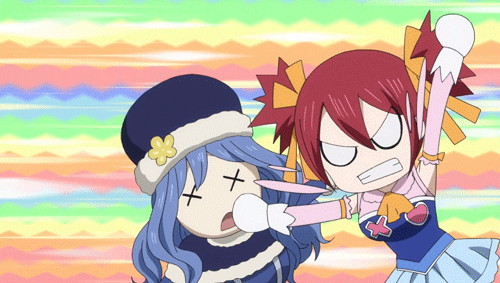 2girls, angry, animated, animated_gif, blue_hair, chelia_blendy, coat, fairy_tail