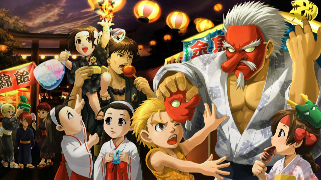 5boys, 5girls, child, family, festival, japanese_clothes, kagura_chizuru, king_of_fighters, kusanagi_kyou, kusanagi_saisyu, mask, mature_(kof), mr_karate, multiple_boys, multiple_girls, ryou_sakazaki, vice_(kof), white_hair, yagami_iori, yuri_sakazaki