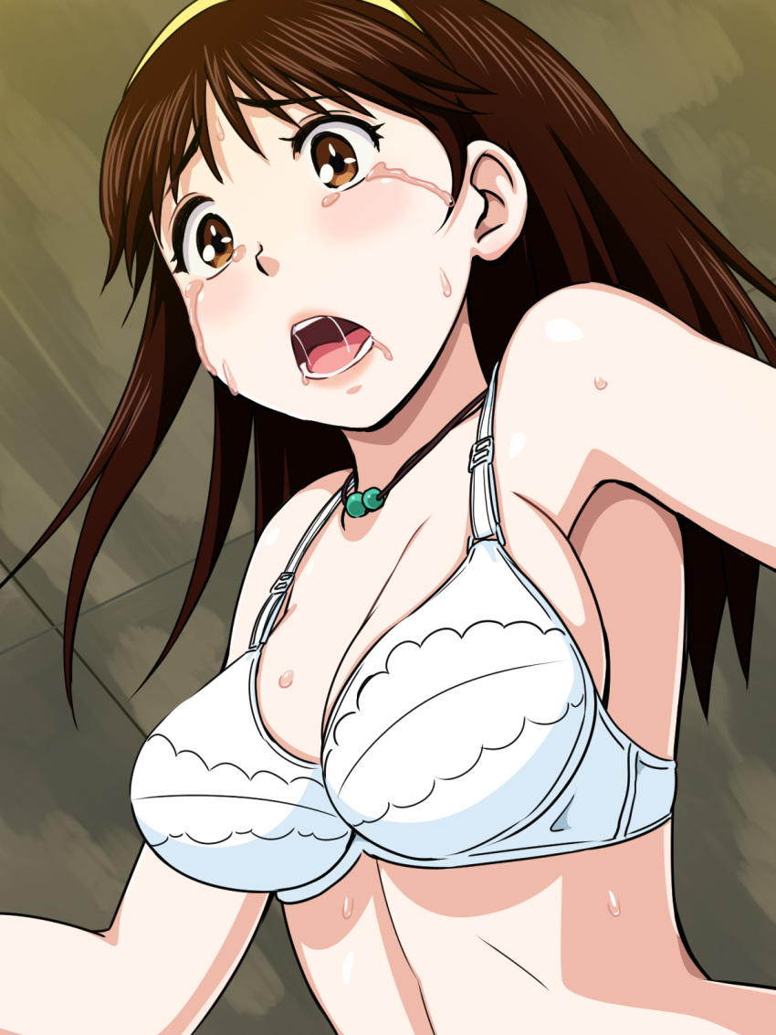 1girl, blush, bra, breasts, brown_eyes, brown_hair, cleavage, hairband