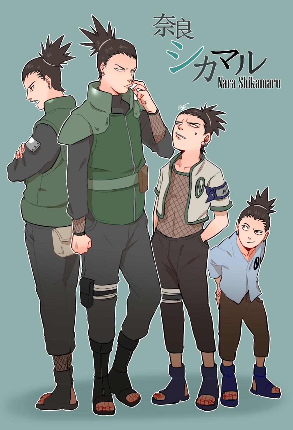 1boy, age_progression, alternate_costume, black_hair, character_name, earrings, fishnets, gaetshang, jewelry, multiple_persona, nara_shikamaru, naruto, naruto:_the_last, naruto_shippuuden, short_jacket, shoulder_pads, sweatdrop, topknot, younger