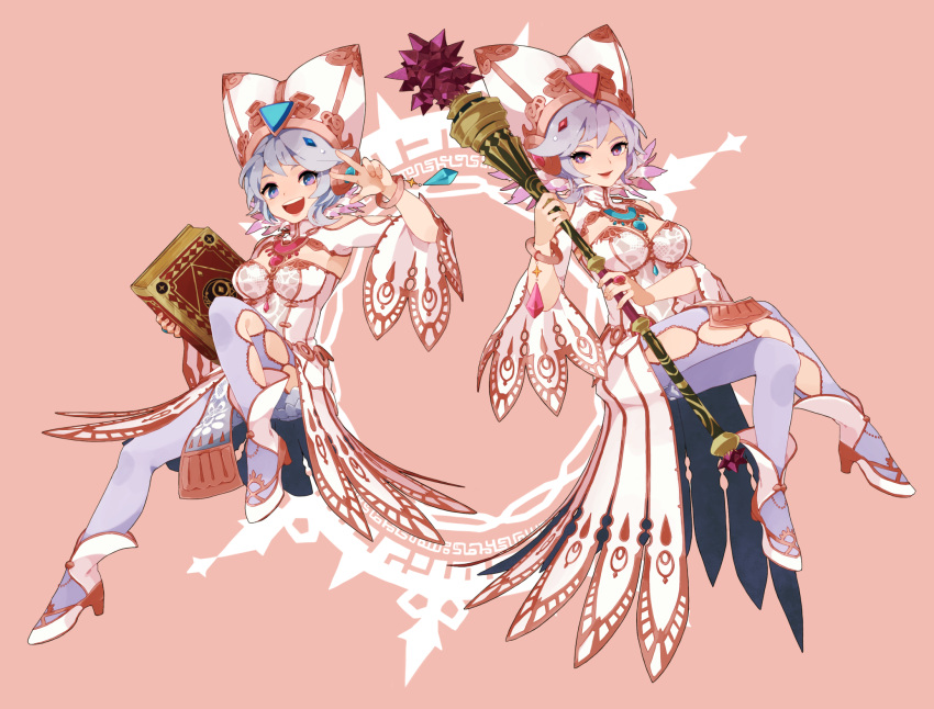 2girls, alternate_costume, alternate_hair_color, bracelet, cia_(zelda_musou), feathers, full_body, hat, high_heels, highres, jewelry, lana_(zelda_musou), long_hair, looking_at_viewer, mochimaru, multiple_girls, nintendo, ring, silver_hair, spoilers, staff, the_legend_of_zelda, v, violet_eyes, zelda_musou