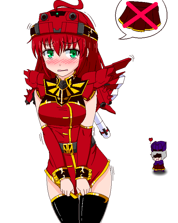 2girls, covering, covering_crotch, embarrassed, green_eyes, gundam, gundam_unicorn, mecha_musume