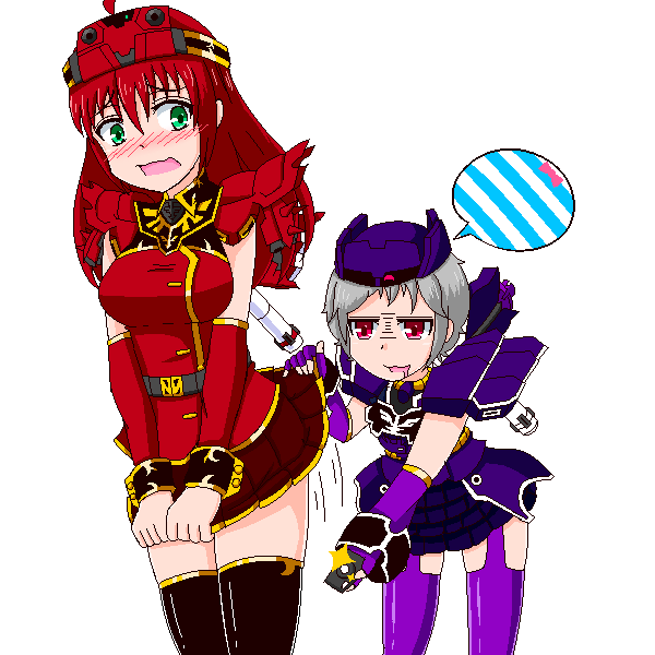 2girls, embarrassed, green_eyes, gundam, gundam_unicorn, mecha_musume, multiple_girls, pink_eyes