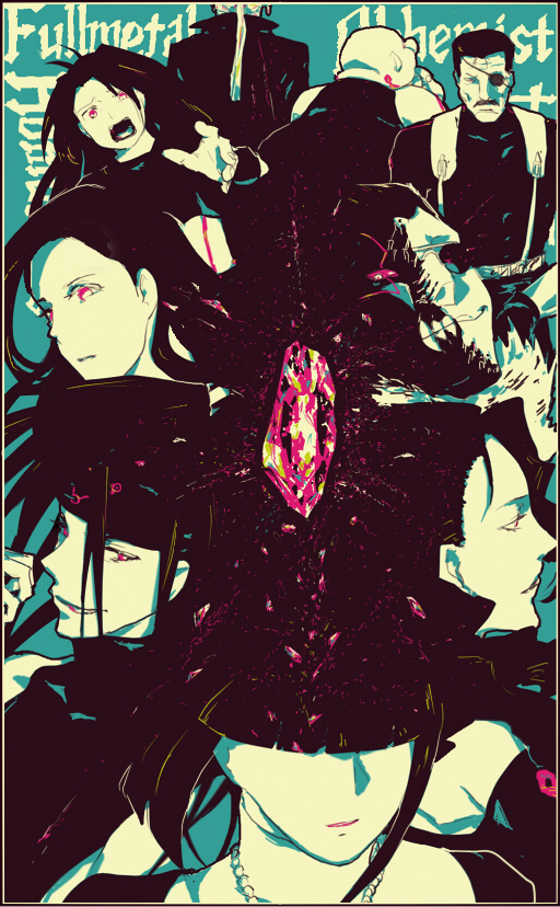 3girls, 6+boys, androgynous, back, bald, bangs, bare_shoulders, blue_background