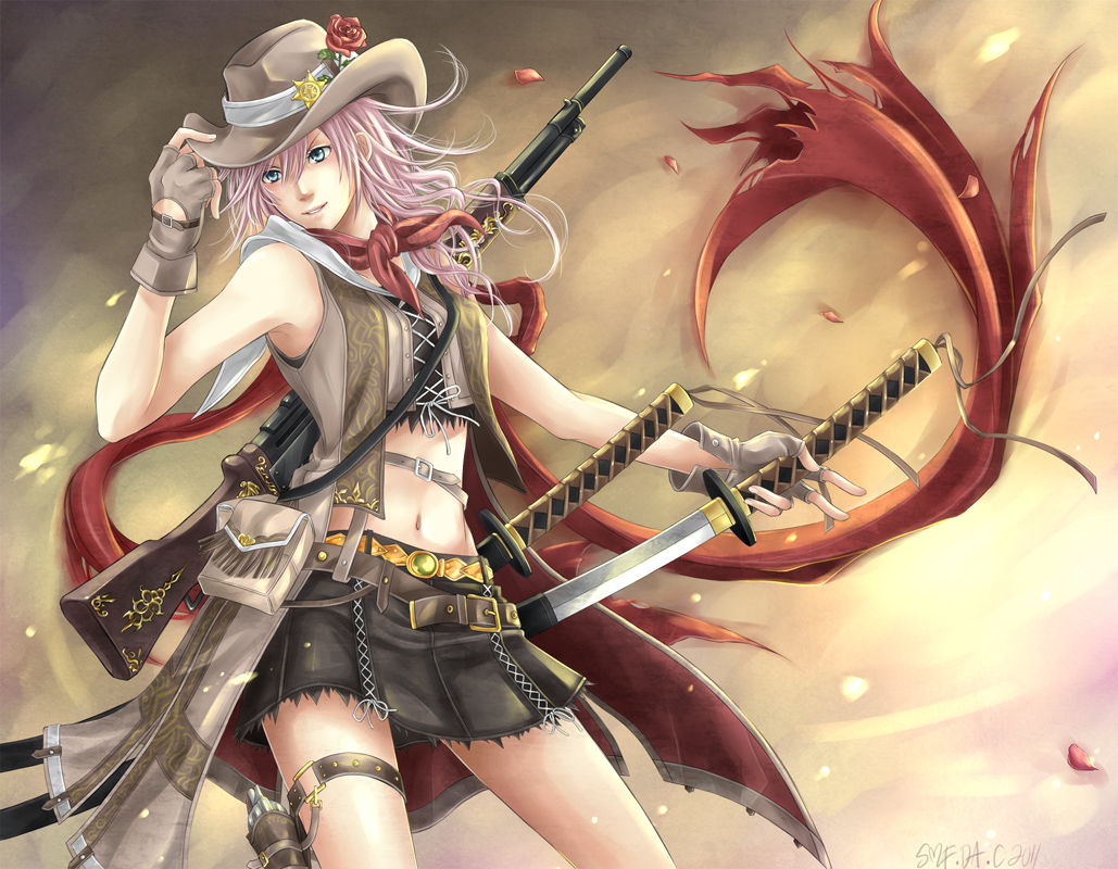 1girl, blue_eyes, cowboy_hat, final_fantasy, final_fantasy_xiii, fingerless_gloves, gloves, gun