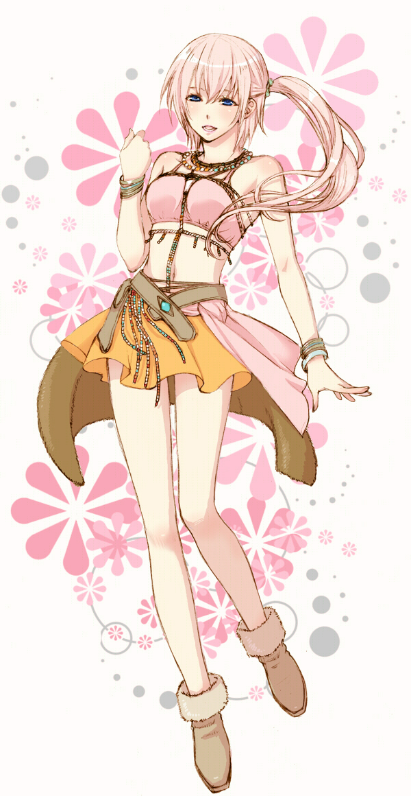 1girl, blue_eyes, bracelet, cosplay, female, final_fantasy, final_fantasy_xiii, full_body, long_hair, navel, oerba_dia_vanille, oerba_dia_vanille_(cosplay), pink_hair, serah_farron, side_ponytail, skirt, solo, suzumaru_(abyss_iris)