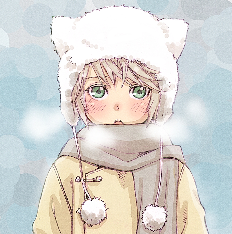 1boy, blush, breath, final_fantasy, final_fantasy_xiii, green_eyes, hat, hope_estheim