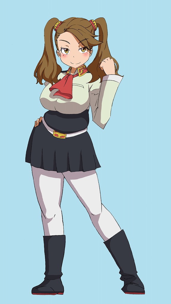 1girl, boots, breasts, brown_eyes, brown_hair, female, gundam, gundam_build_fighters