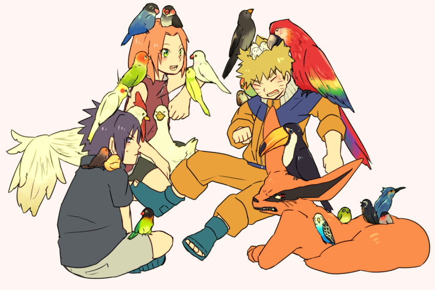 1girl, 2boys, animal_on_head, animal_on_shoulder, bird, bird_on_arm, bird_on_head, bird_on_shoulder