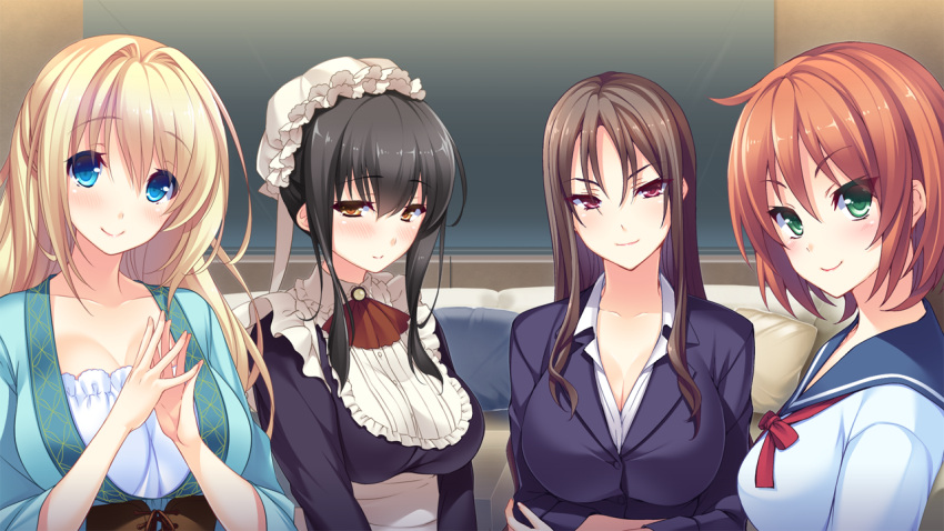 4girls, ane_yome_quartet, ayase_hazuki, black_hair, blonde_hair, blue_eyes, blush, breasts