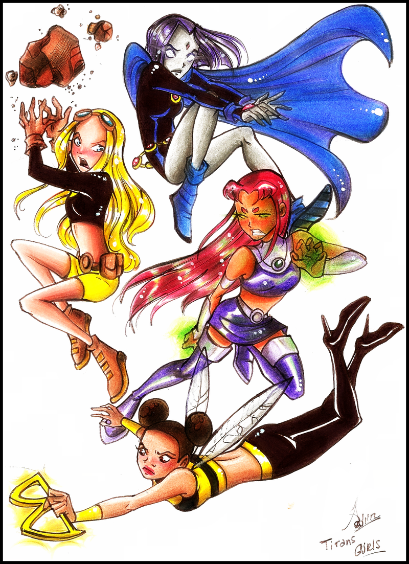 4girls, alien, bee_costume, black_hair, blonde_hair, blue_eyes, boots, brown_eyes, bumble_bee, cape, cartoon_network, cloak, dark_skin, dc_comics, double_bun, flying, forehead_jewel, gloves, glowing, glowing_eyes, goggles, goggles_on_head, green_eyes, high_heels, hood, insect_wings, karen_beecher, leotard, long_hair, long_sleeves, midriff, multiple_girls, pants, purple_hair, raven_(dc), redhead, rock, shirt, short_hair, shorts, sleeveless, solid_eyes, starfire, striped, striped_shirt, teen_titans, terra_(dc), thigh-highs, thigh_boots, vambraces, wings