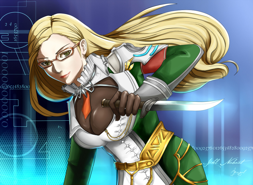 1girl, blonde_hair, breasts, cleavage, final_fantasy, final_fantasy_xiii, glasses, green_eyes