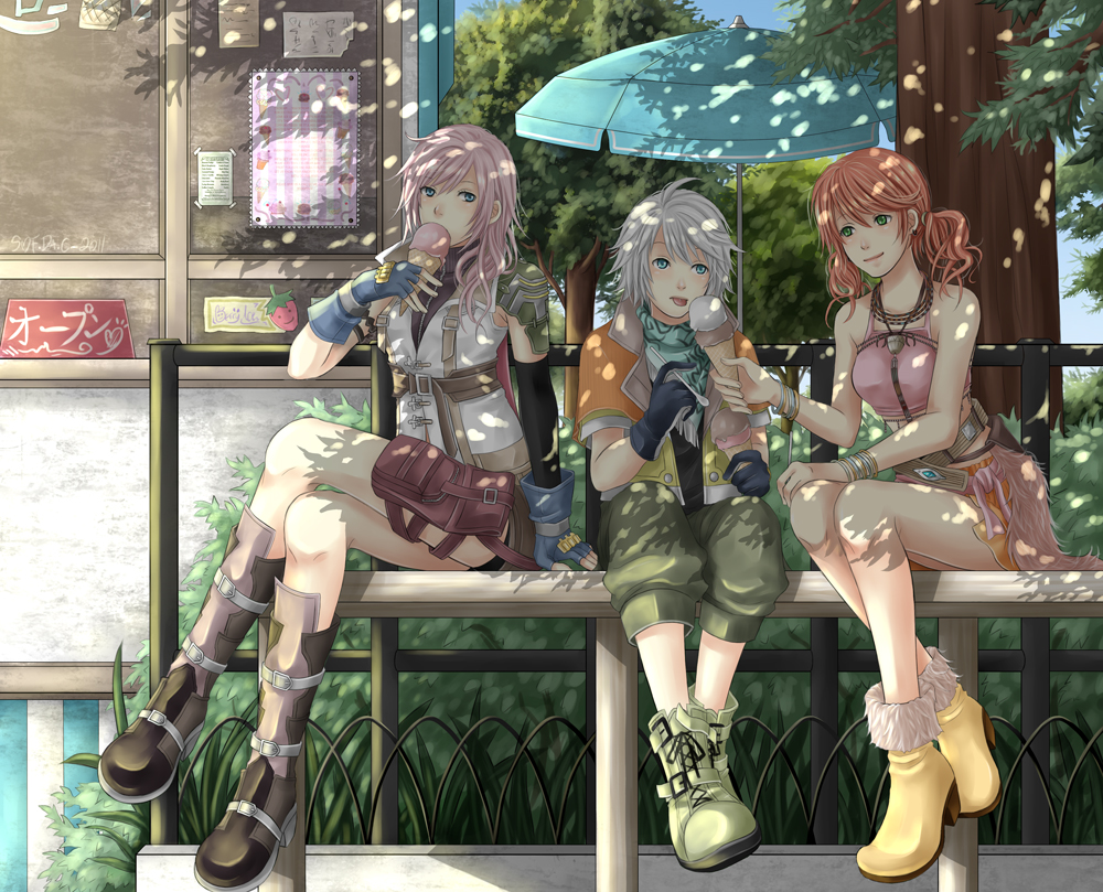 1boy, 2girls, blue_eyes, final_fantasy, final_fantasy_xiii, fingerless_gloves, gloves, green_eyes