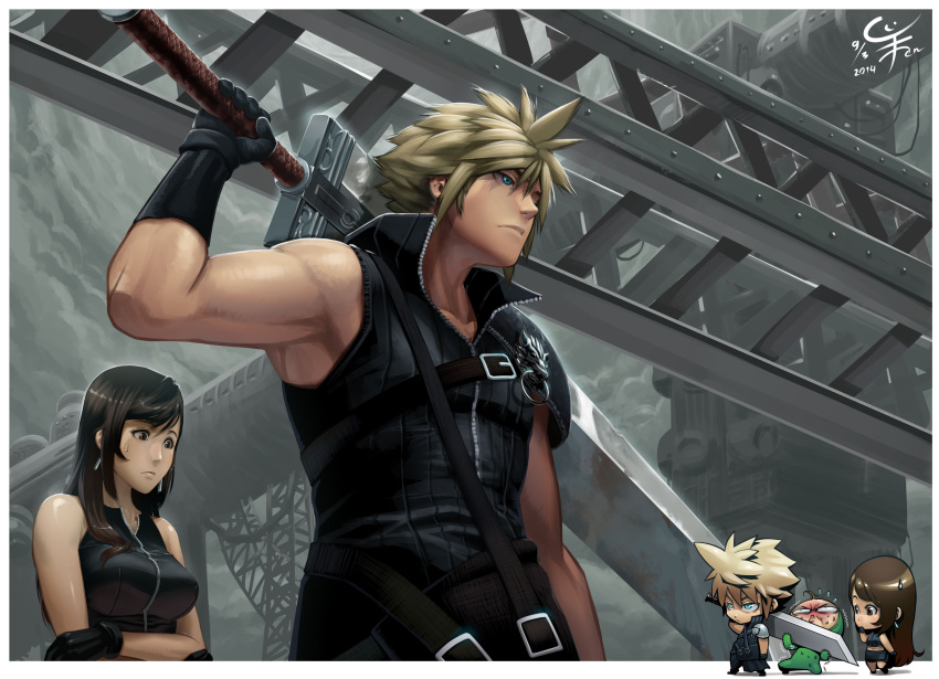 1boy, 1girl, agustinus, black_hair, blonde_hair, blue_eyes, border, brown_eyes