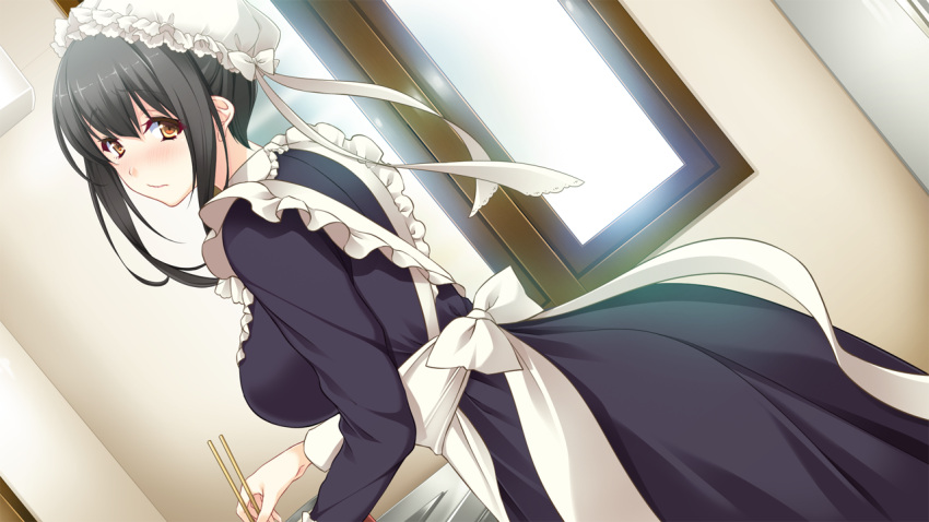 1girl, ane_yome_quartet, ayase_hazuki, black_hair, breasts, game_cg, hair_bun, hanabishi_saori