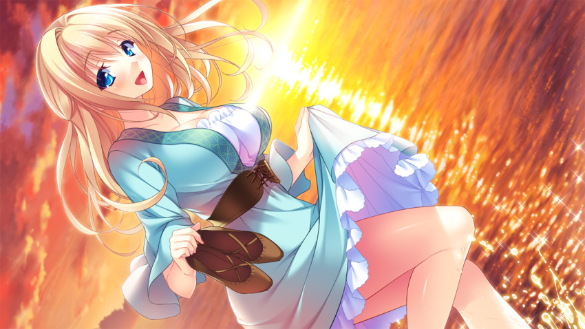 1girl, ane_yome_quartet, ayase_hazuki, blonde_hair, blue_eyes, blush, breasts, cleavage