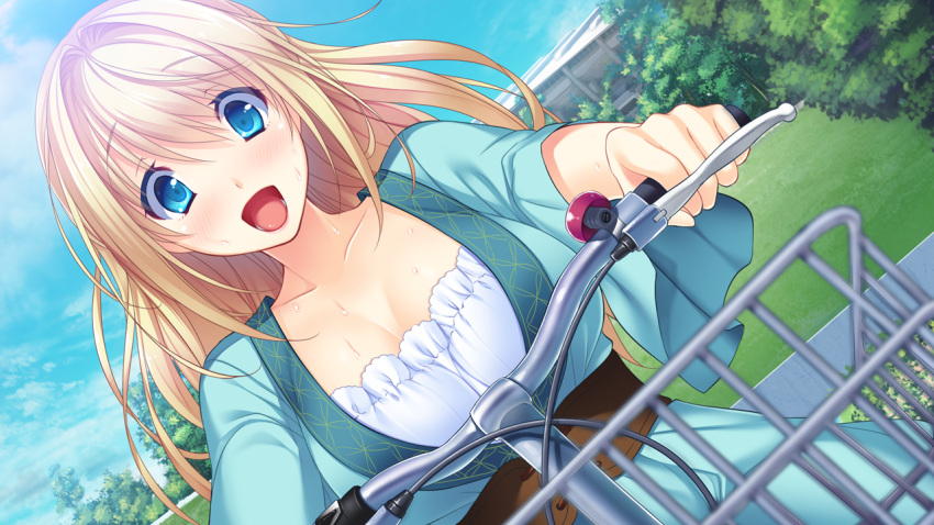 1girl, ane_yome_quartet, ayase_hazuki, bicycle, blonde_hair, blue_eyes, blush, breasts