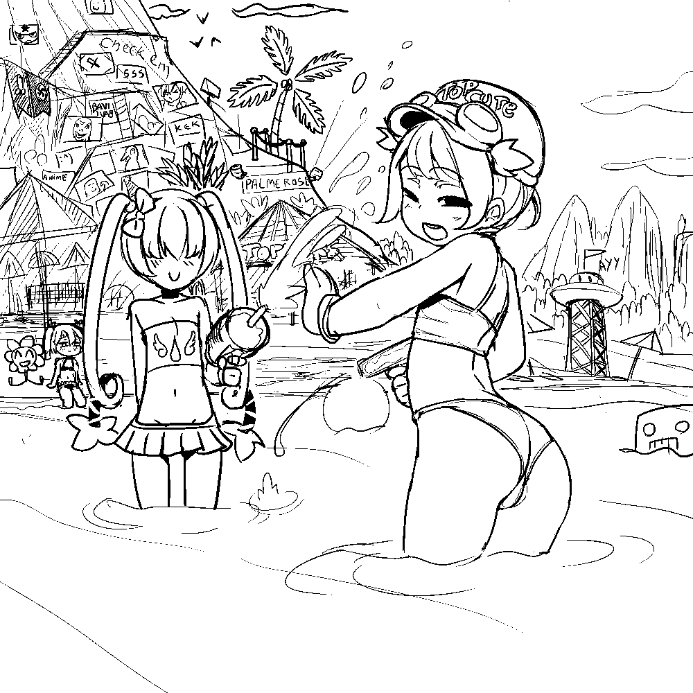3girls, ass, bikini, ebola-chan, greyscale, meme, monochrome, original