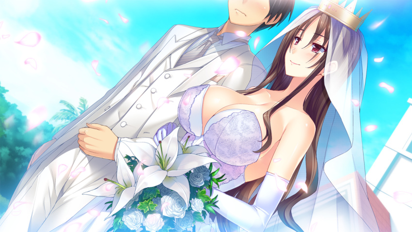 1boy, 1girl, ane_yome_quartet, ayase_hazuki, bare_shoulders, blush, breasts, bridal_veil